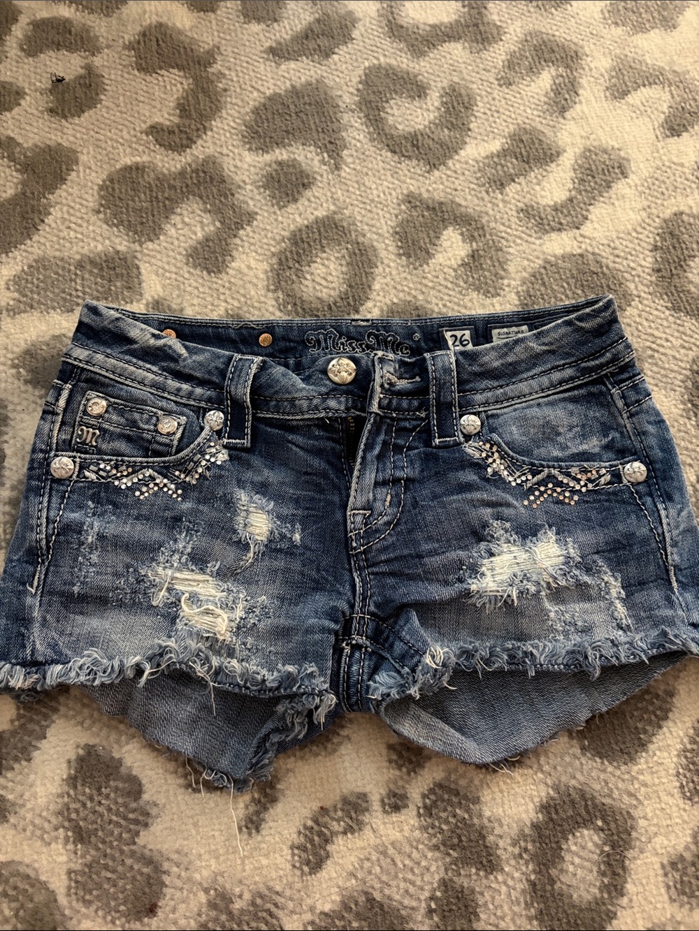 Miss Me Blue Distressed Rhinestone Jean Shorts